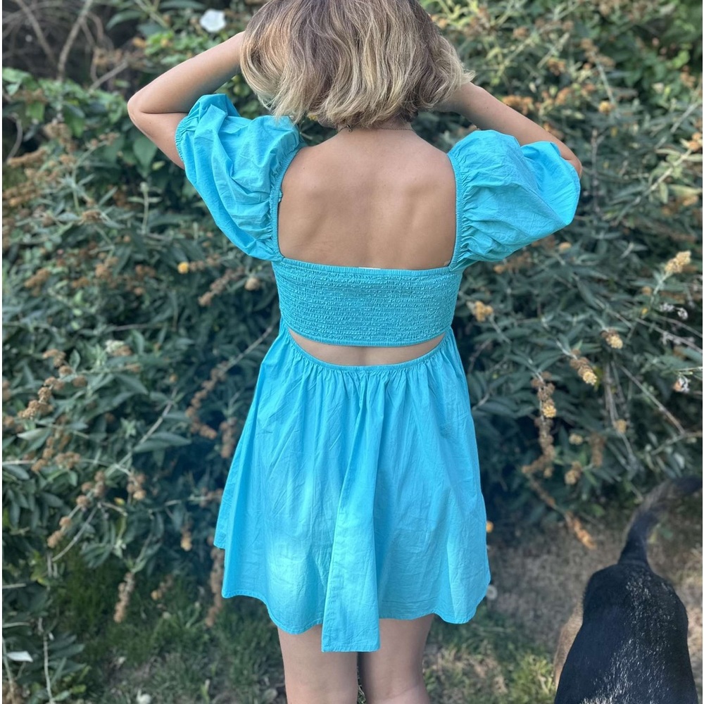 Teal puffy sleeve mini dress